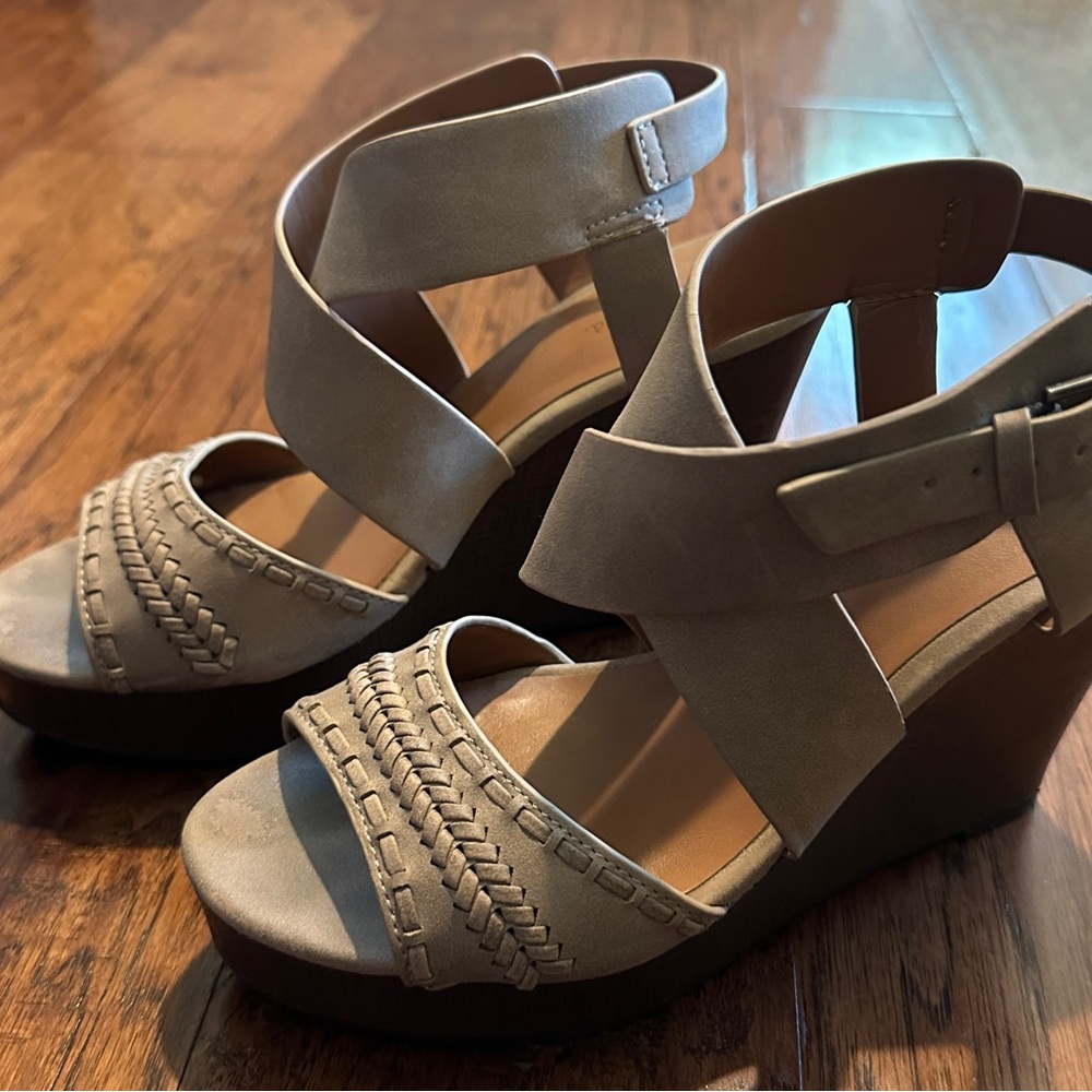 Indigo Taupe Braided-Strap Wedge Sandals